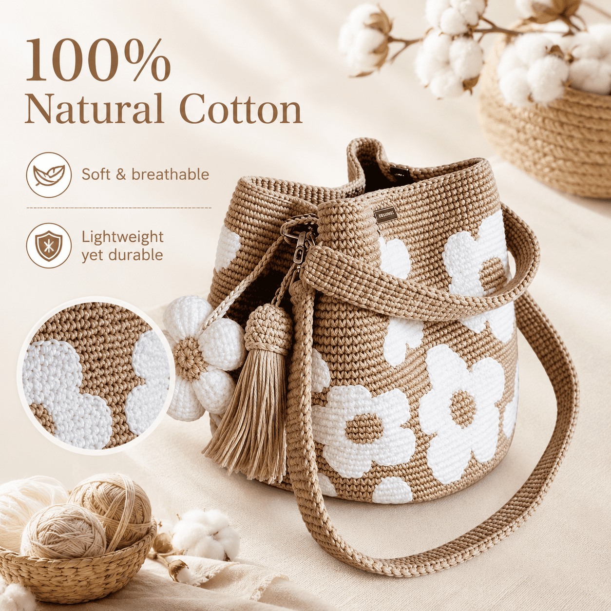 Handmade Crochet Flower Tote Bag, Premium Cotton Knit Floral Purse, Boho Beach Vacation Shoulder Bag