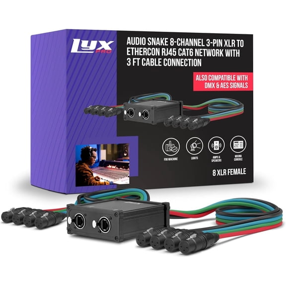 LyxPro 8-Channel Female XLR Audio Snake 3ft Cable XLR to RJ45 Ethercon Stage Sound Studio Lighting