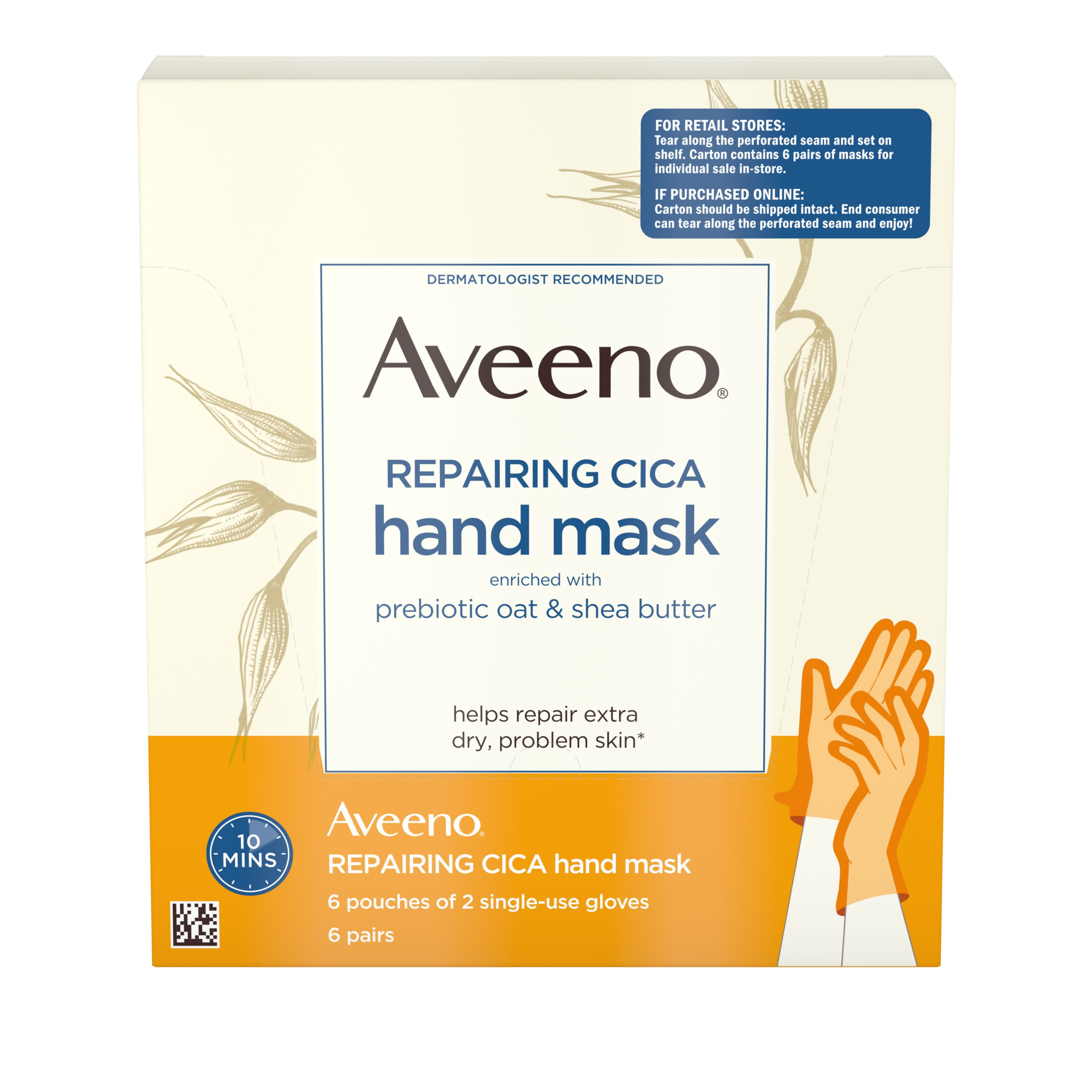 Aveeno Repairing CICA Hand Mask, Oat & Shea Butter, 6 Pairs of Gloves