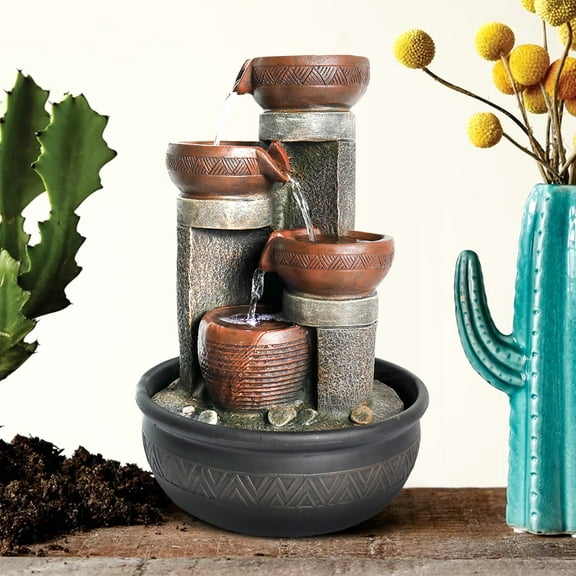 Indoor Water Fountain with LED Light, Tabletop Water Fountain - 4-Tier Soothing Cascading Waterfall Fountain for Home, Office Art Decor