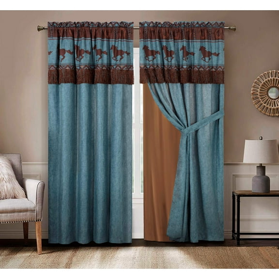 Chezmoi Collection Sedona 4-Piece Southwestern Wild Horses Window Curtain Set, Turquoise Blue