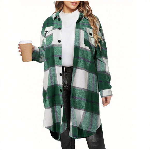 aohooy Chemises en Flanelle Tartan d'Automne pour Femmes - Manteau Long Surdimensionné à Manches Longues, Style Détente, Col à Revers, Style Boyfriend, Boutonné, à Carreaux, Vert, TG