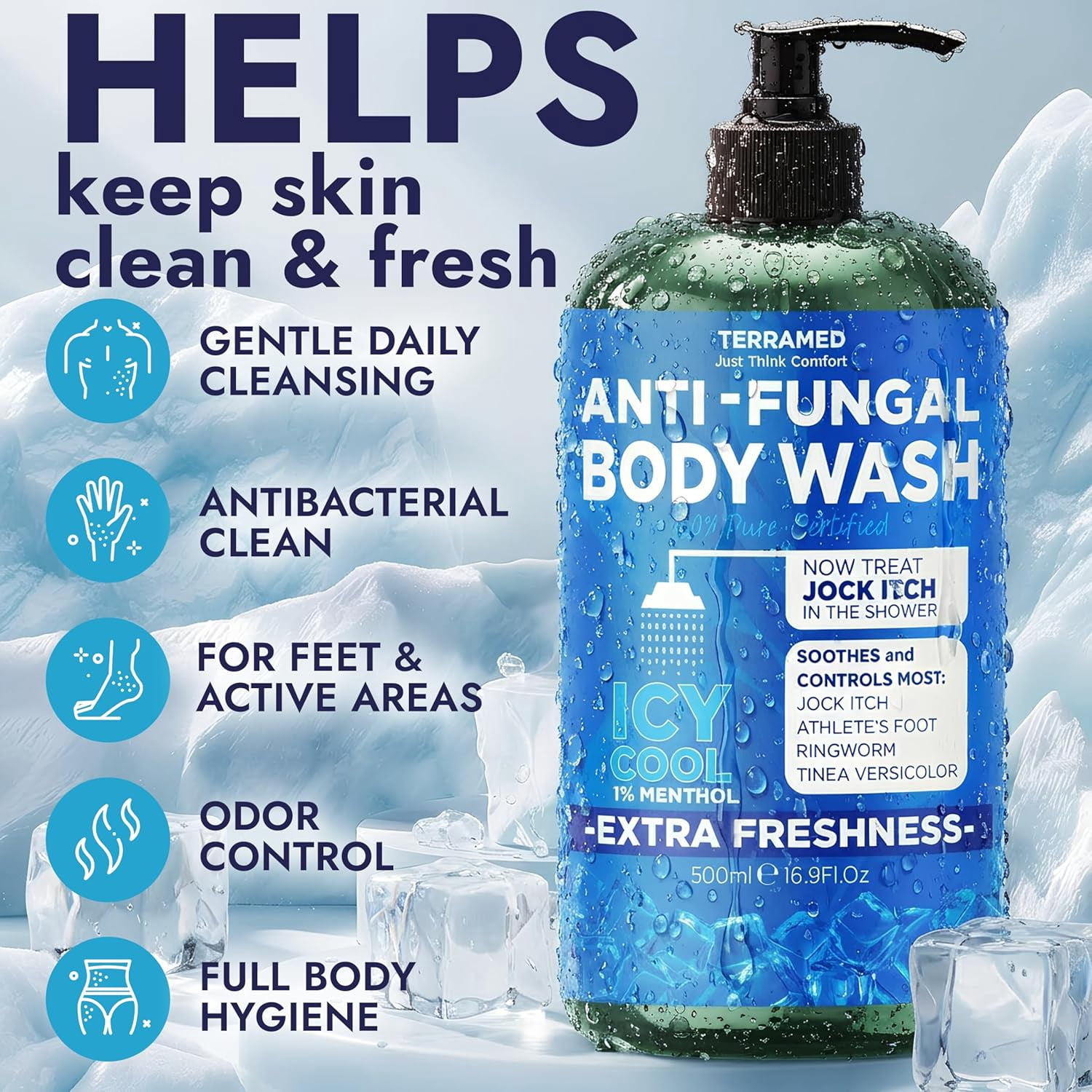 Antifungal Body Wash | Antifungal Soap with 1% Tolnaftate | Medicated Jock Itch Treatment for Ringworm & Athlete’s Foot | Cooling Effect Menthol Body Wash | Includes Scrubber 16.9 Fl oz