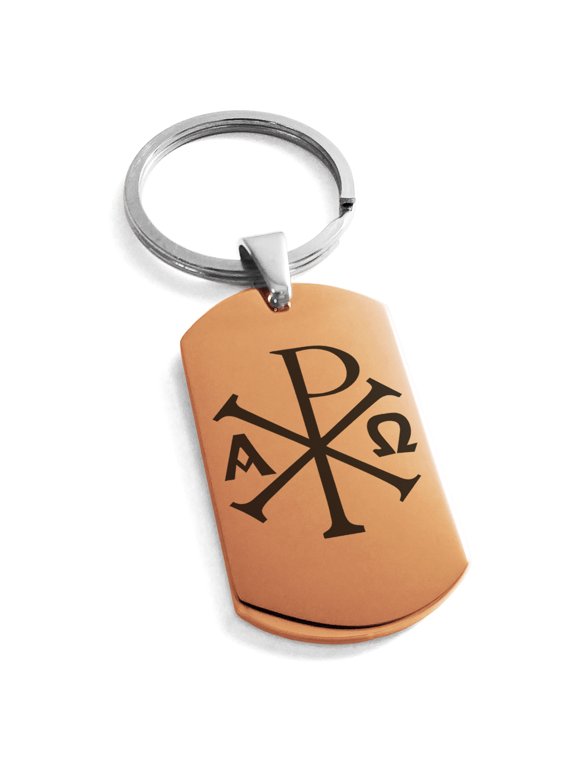 Stainless Steel Chi Rho Alpha Omega Engraved Dog Tag Keychain Keyring
