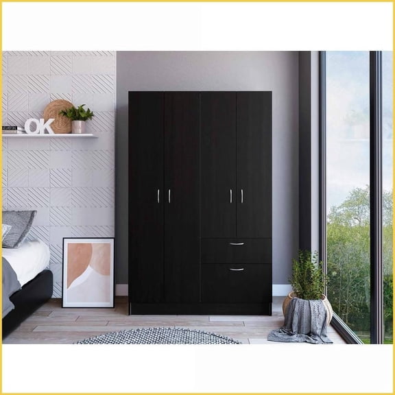 Armoire, Modern 1-Drawer 5-Door with 8 Shelves, Black Wengue/White | Wenge | Manufactured Wood