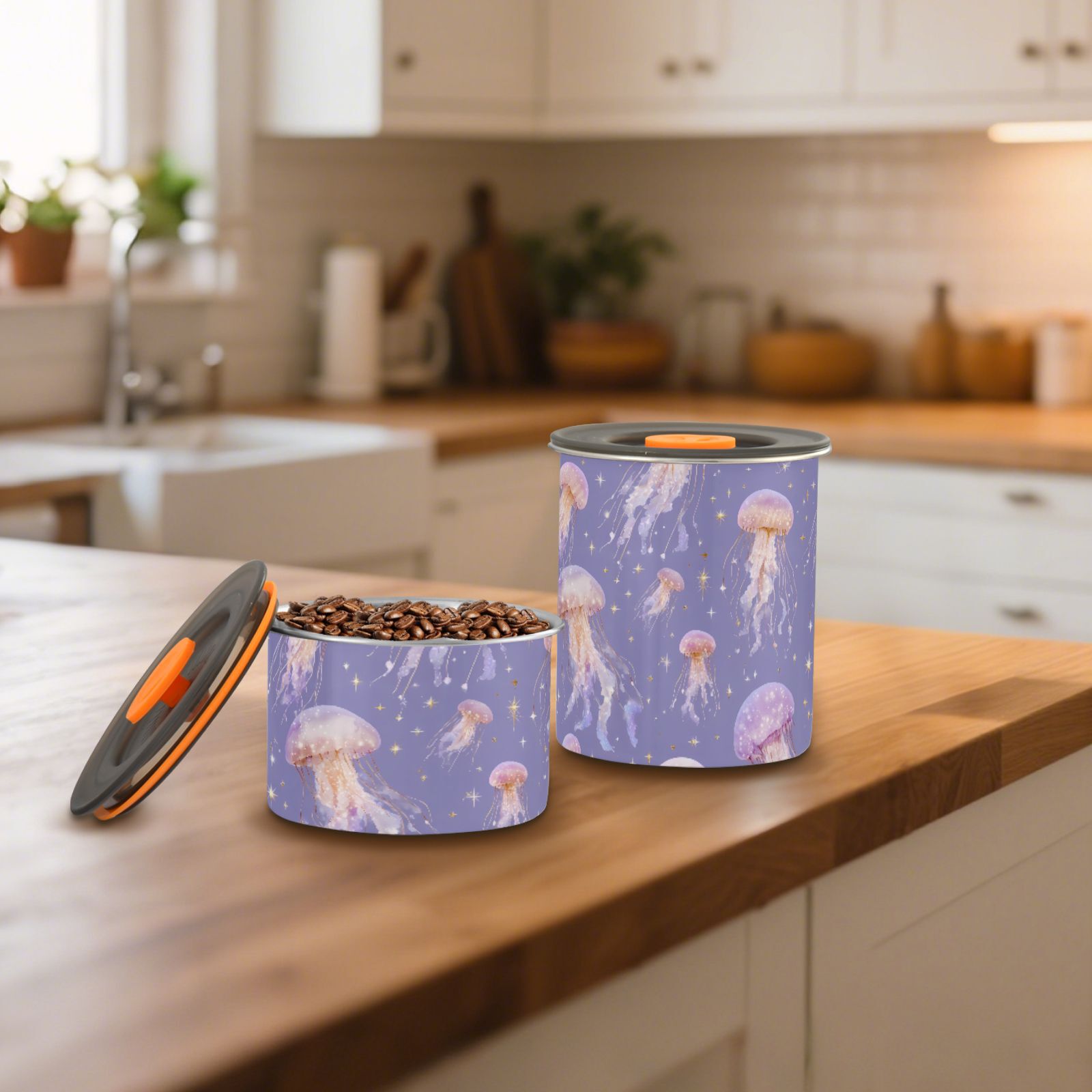 Jellyfish Stars Airtight Coffee Bean Canister 30oz Food Storage Containers with Lids For Gournd, Tea, Sugar, Flour, Rice, Cereal, Candy Cookie Jar