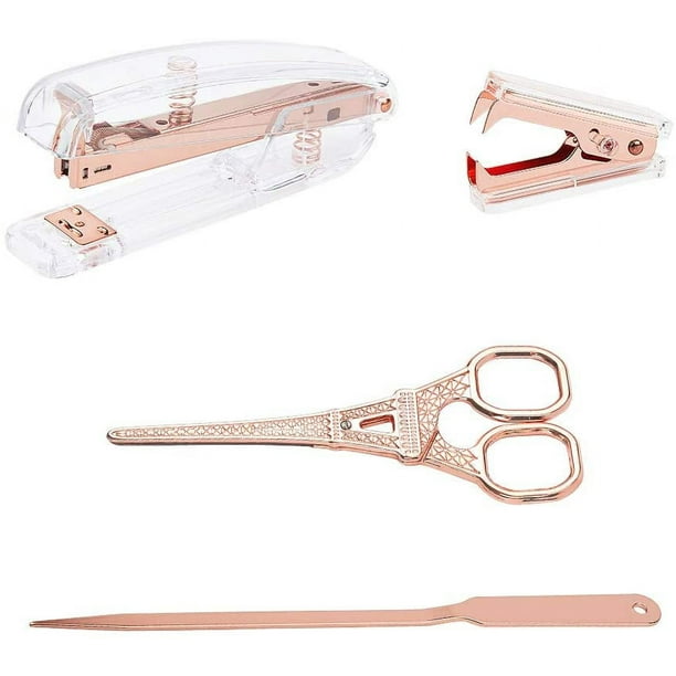Kit de papelería de oficina oro rosa con 4 tipos de quitagrapas, abrecartas y grapadora. Accesorios de escritorio y suministros de oficina.