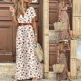 thumbnail image 2 of Women Summer Trend Holiday Dress Sexy Casual Elegant V-Neck High Slit Irregular Retro Vintage Print Slim With Belt Midi Dress, 2 of 9