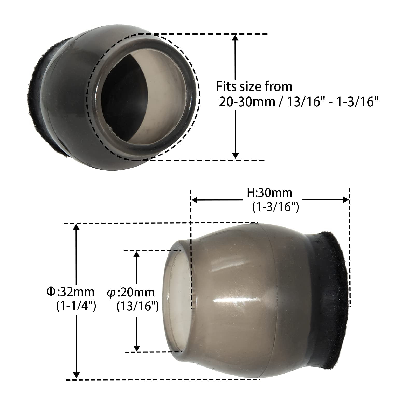 Flyshop 4pcs TPR Rubber Chair Leg Caps for Hardwood Floor, Round Chair Leg Floor Protectors with Felt Pads, Black, Small Size 20 to 30 mm, 13/16" to 1-3/16"
