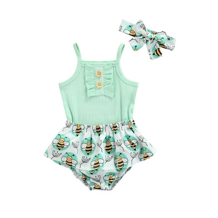 

jaweiw 3 Pcs Newborn Summer Outfits Set Baby Girls Solid Color Sleeveless Square Collar Romper + Printed Ruffle Shorts + Headband