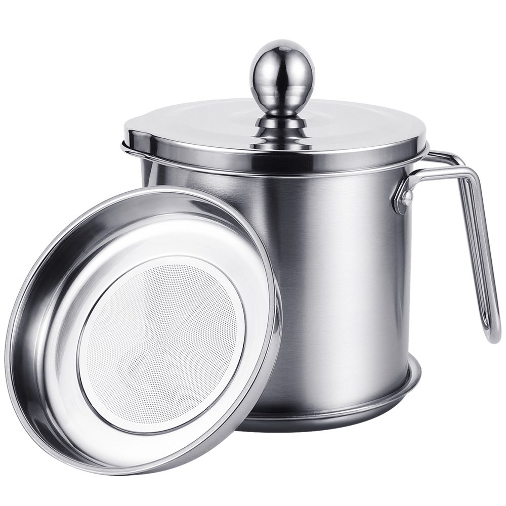 1.8L Stainless Steel Oil Storage Can Cooking Oil Can Oil Strainer Pot with Mesh Strainer