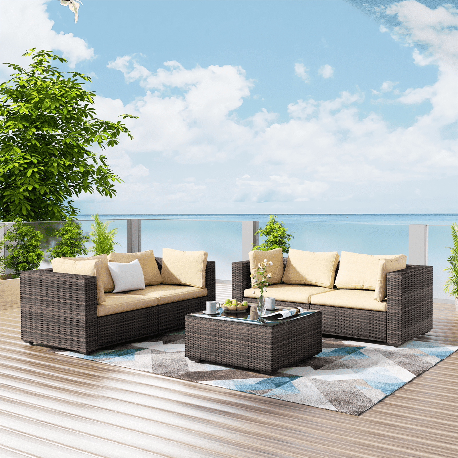 TANGJEAMER 5 Piece Patio Furniture Set, All Weather Outdoor Sectional PE Rattan, Patio Conversation Sets with Cushions and Glass Coffee Table for Garden Lawn Balcony Porch Deck, Beige