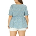 thumbnail image 3 of Unique Bargains Women's Plus Size Floral Peplum Tops Short Sleeve Cute Blouses 1X Blue, 3 of 6