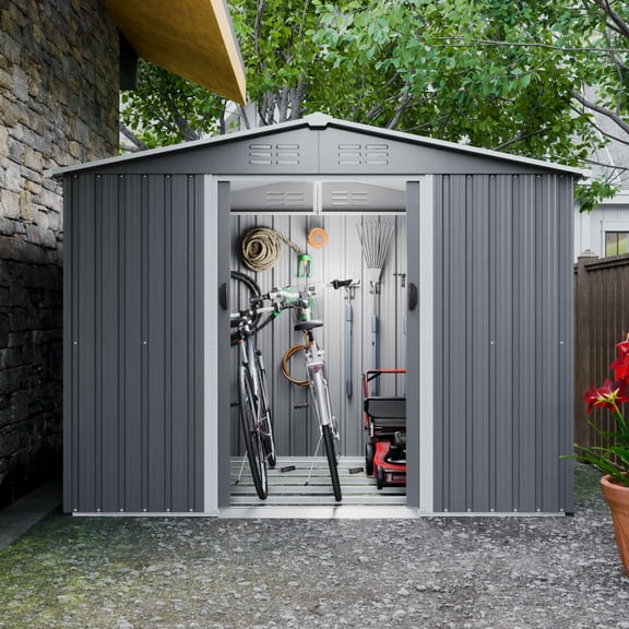 MAYEERTY 8x6FT Outdoor Storage Shed with Metal Foundation, All-Weather Metal Tool Shed with Lockable Doors & Ventilated, for Backyard, Garden, Patio & Lawn