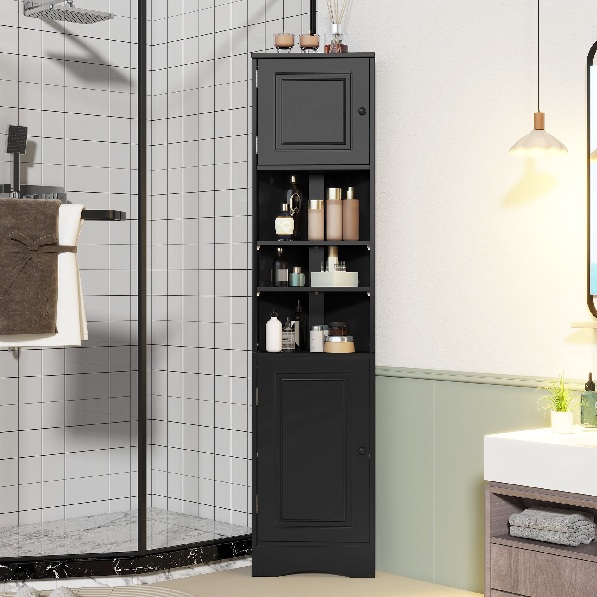 PORKISS 66.9" Tall Corner Cabinet with 2 Barn Doors, 6 Tier Bookcase Storage Cabinet with Adjustable Shelves, Corner Storage Cabinet for Bathroom, Living Room, Kitchen, Black