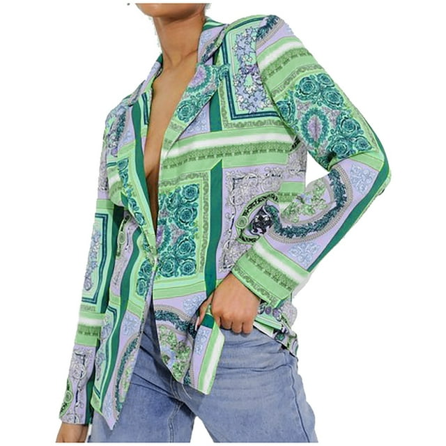 IROINID Blazer Court pour Femmes Veste à Col Cranté Imprimé Manches Longues Confortable Ample Décontractée Veste de Costume, Vert