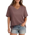 thumbnail image 2 of Womens V Neck Short Sleeve T Shirts Summer Tops Casual Loose Tees Trending Now S-5XL Brown L, 2 of 6