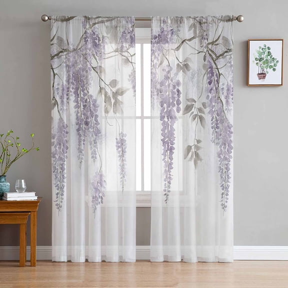 Purple Leaves Semi Sheer Curtains 84 Inch Length 2 Panels Set, Vintage Tree Branch Flower Watercolor Sheer Kitchen Curtain Privacy Voile Window Curtain for Living Room Bedroom Rod Pocket Drapes