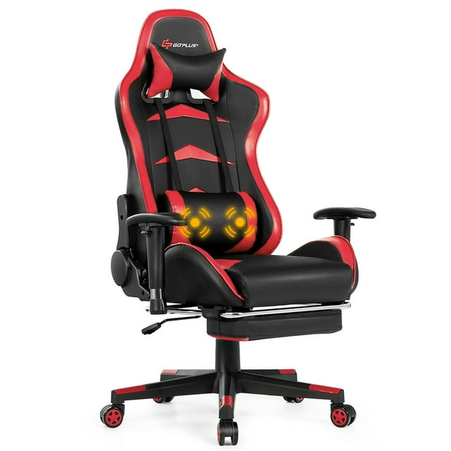 Goplus Massage Gaming Chair Reclining Swivel Racing Office Chair with Footrest Red