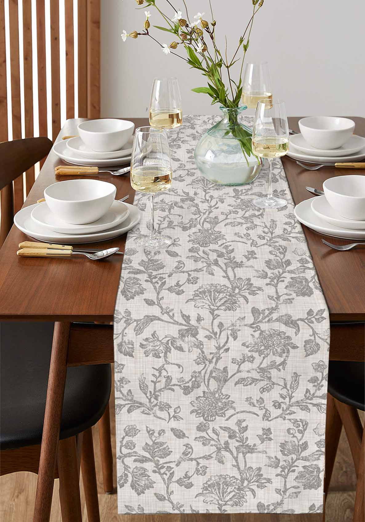 Farmhouse Flower Burlap Cotton Table Runner 13x120 Inches Long, Botanical Vintage Grey Leaf Plant Farmhouse Table Runners, Outdoor Dining Tablecloths Decor for Baby Shower/Party/Wedding