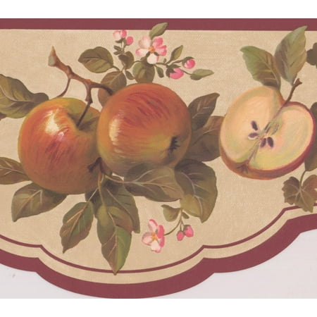 Vintage Pears Apples Cherry Red Currant on Vines Beige Red Wallpaper
