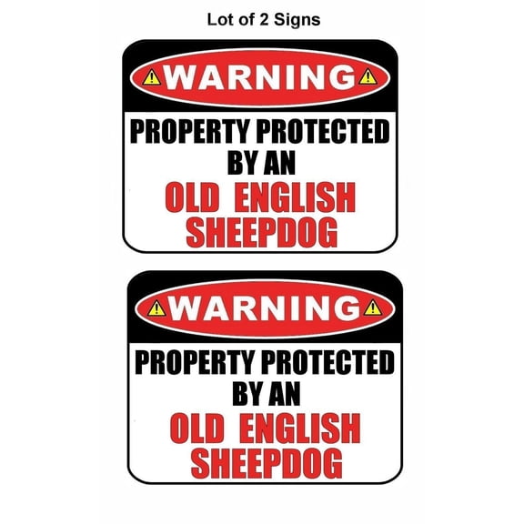 2-Count Warning Property Protected by an Old English Sheepdog 9 inch x 11.5 inch Laminated Dog Sign