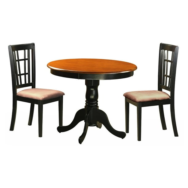 Antique 3 Piece Pedestal Round Dining Table Set With Nicoli Microfiber Seat Chairs Walmart Com Walmart Com