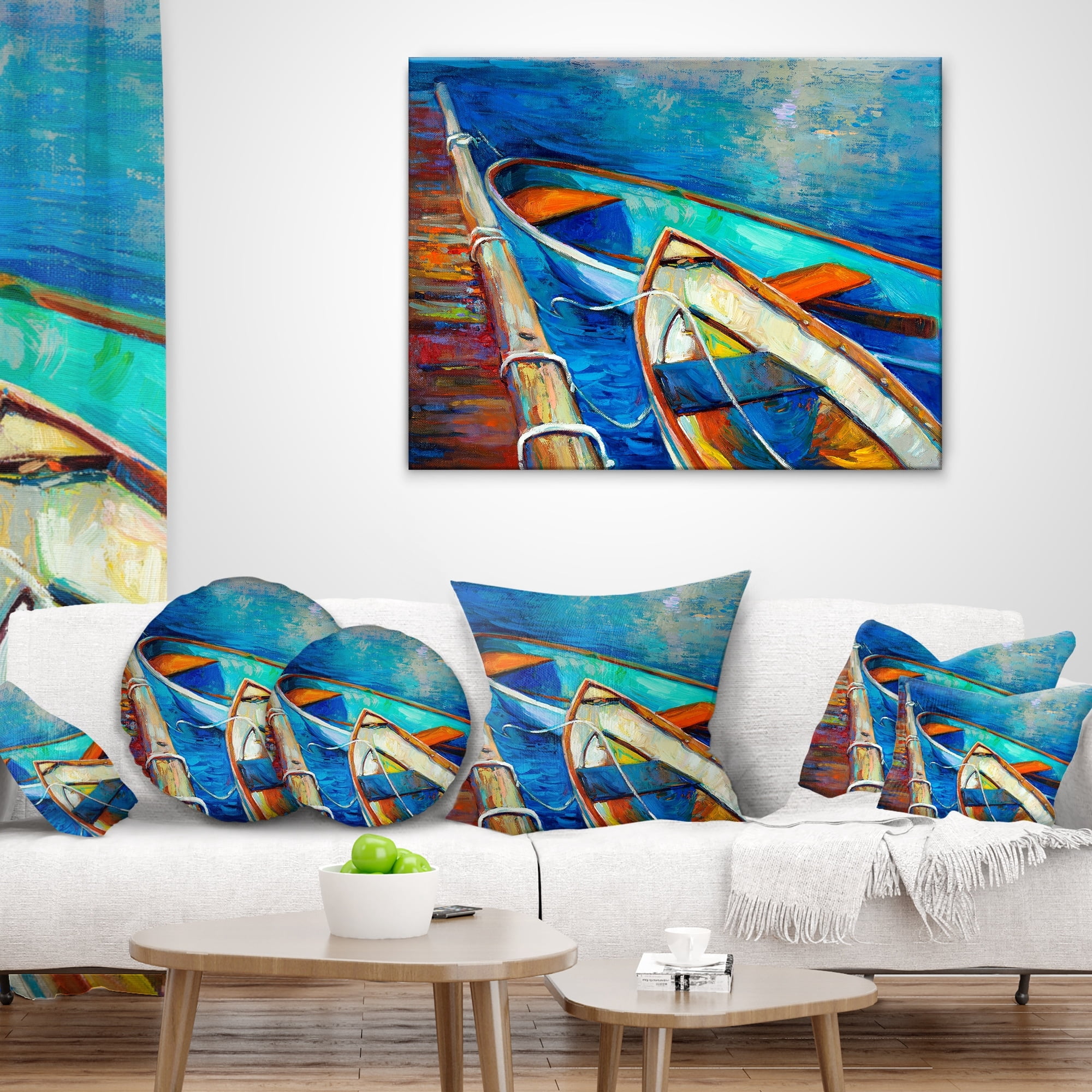 Designart 'Boats and Pier in Blue Shade ' Seascape Canvas Art Print
