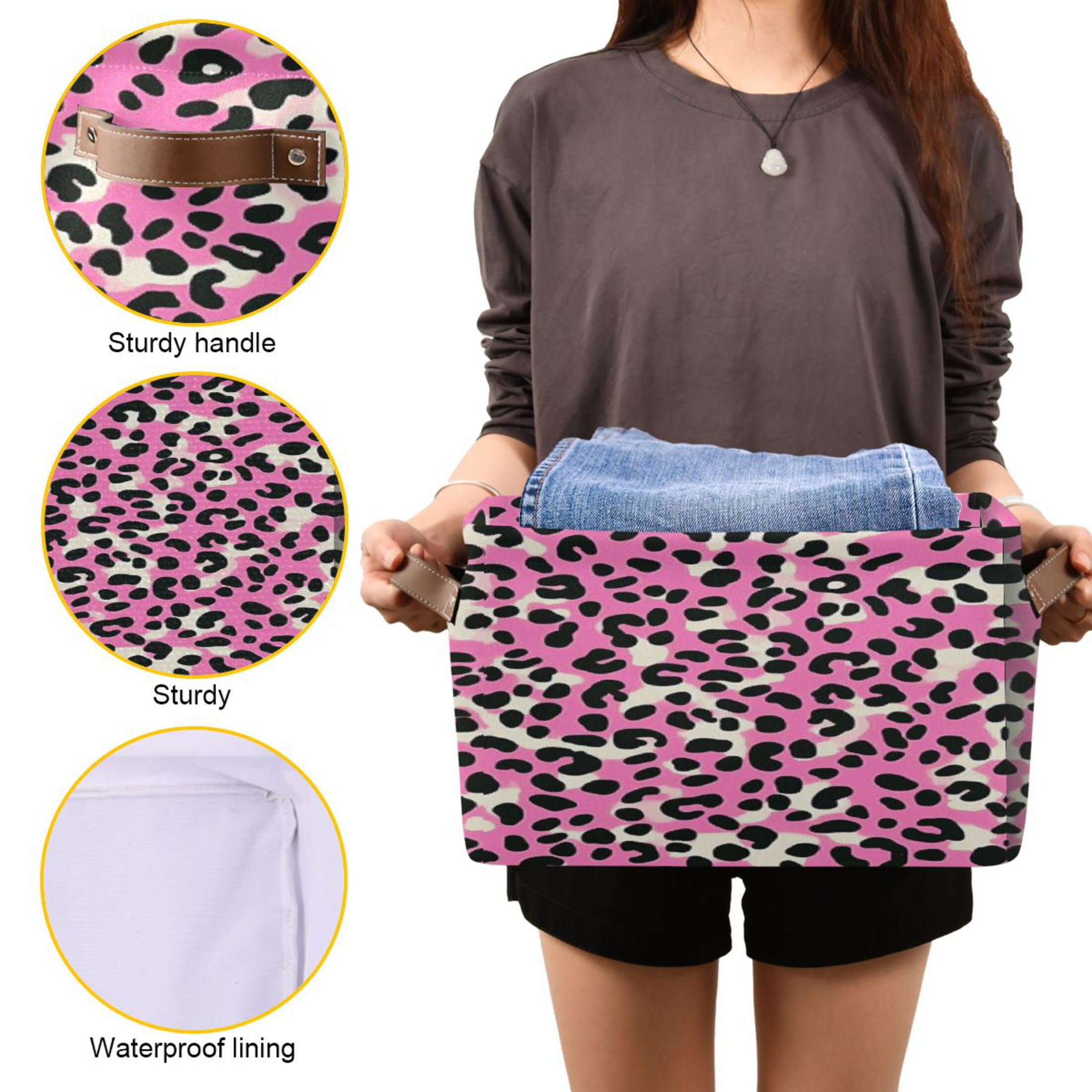 Pink and Black Leopard Foldable Storage Basket,Canvas Fabric Foldable Storage Bins with Handles Open Home Storage Bins Boxes for Toy Book Shelf Closet Baskets