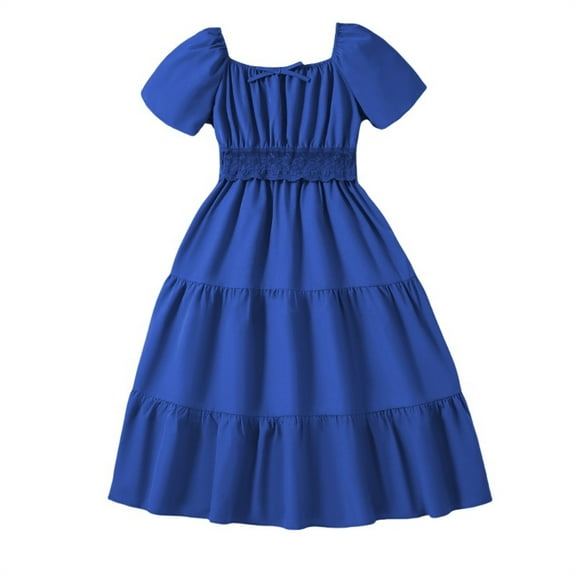 EnJoCho Girls Summer Dress Children's Girls Long Dress Retro Solid Color Splicing Sleeve Princess Dress Comfortable Casual Dress