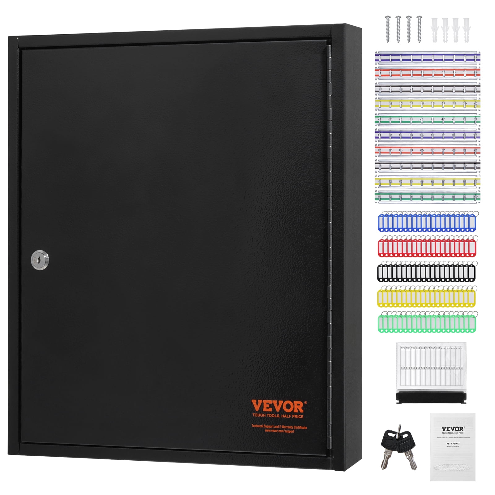 VEVOR 100-Key Cabinet Key Storage Safe Lock Box with Adjustable Racks & Colorful Key Tags Wall Mounted Key Storage Cabinet Black Key Box Organizer for Office, Hotel, Bank