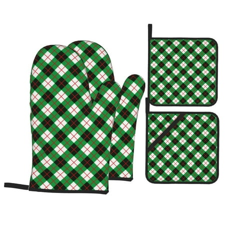 

Oven Mitts and Pot Holders 4 Piece Green Argyle Plaid High Heat Slip Resistant Oven Mitt and Trivets Set Kitchen Oven Glove Pot Holders for Cooking Baking Grilling