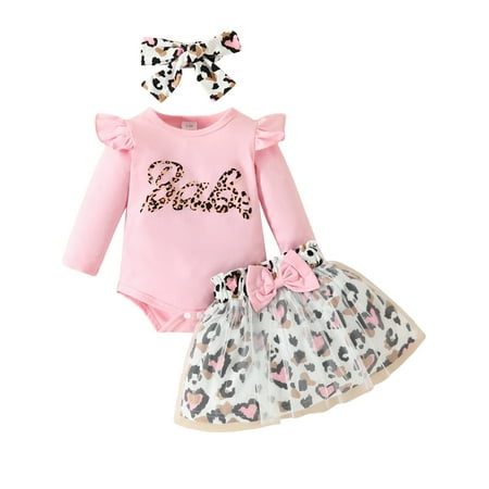 

Baby Girls 3-piece Outfit Long Sleeve Letters Romper with Leopard Print Skirt and Headband Fall Outfit