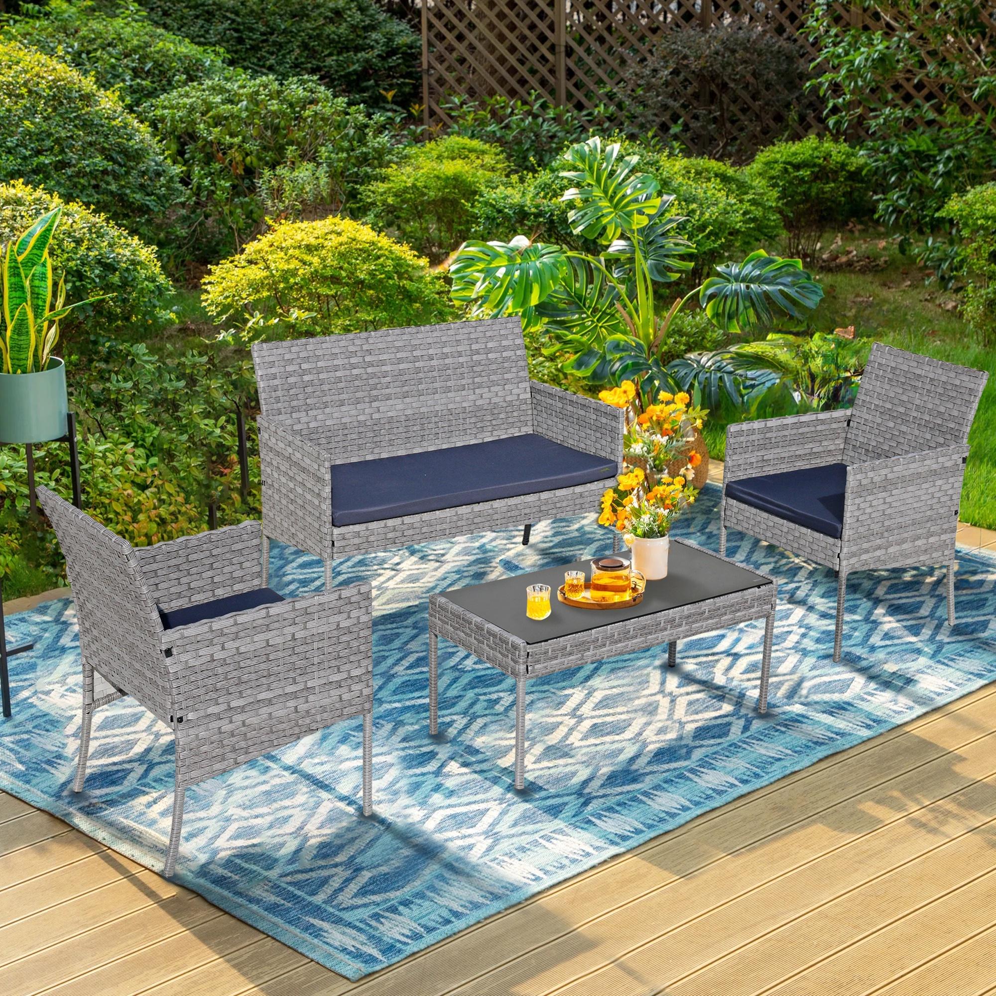 Outdoor Patio Furniture Set, Seizeen 4 Pieces Rattan Conversation Set Cushioned Sofa & Charis, Deck Garden Poolside Furniture Table Set for 4, Gray - image 3 of 11