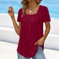thumbnail image 2 of CIENVNSTG Women's Short Sleeve Pleated Tee Tops Square Neck Solid Color Tunic Casual Summer Fashion Clothing for Daily Life Vacation Trips and Outdoor Events Wine S, 2 of 5