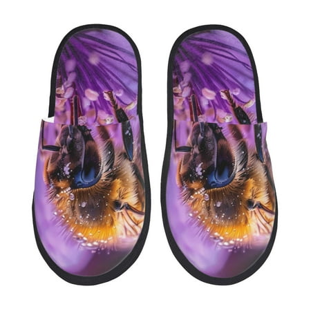 Balery Closeup Honeybee on Flower Slient Indoor Furry Fleece Comfort House Shoes Soft Non-Slip Home Shoes Cotton slippers House Slippers-- Medium