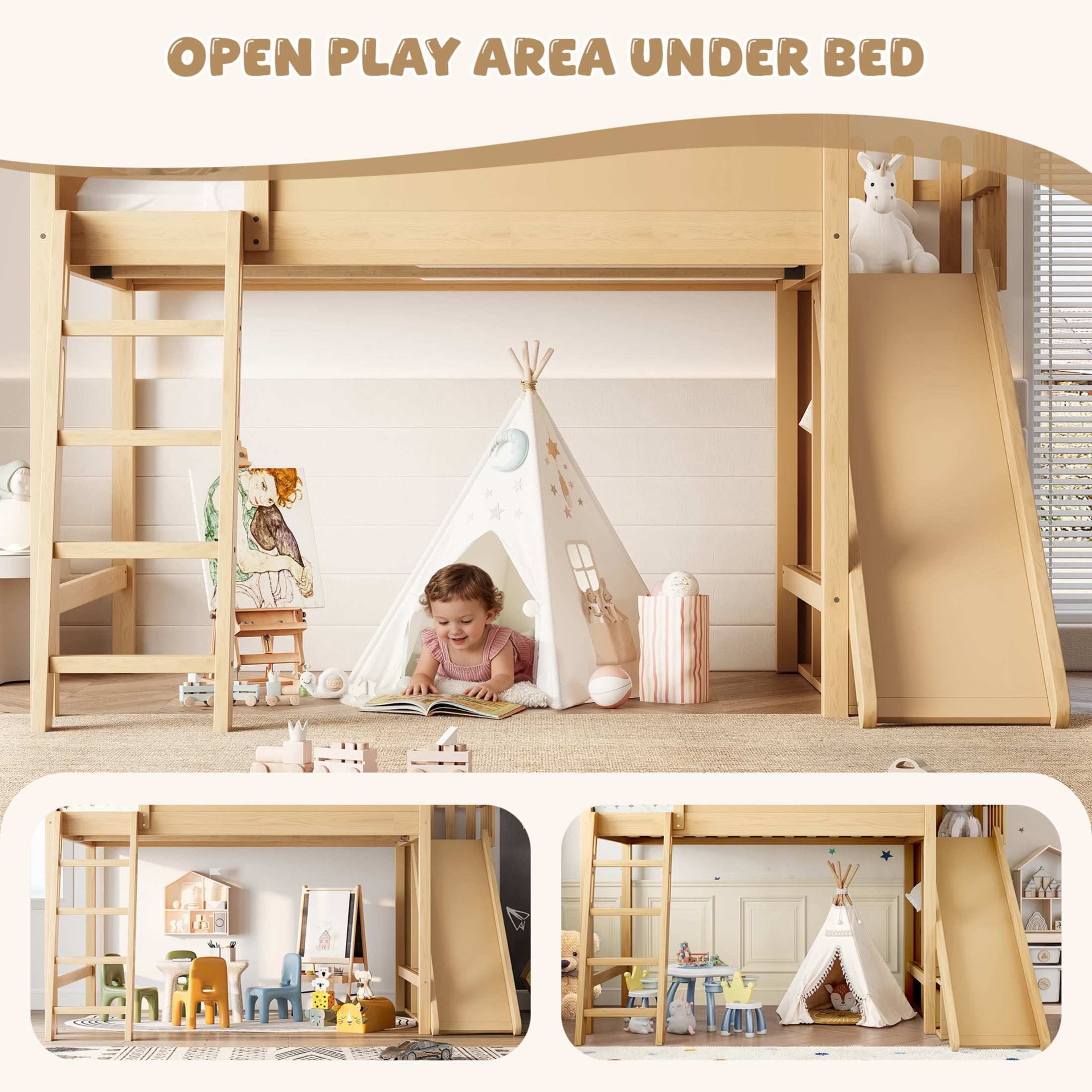Noble House Full Loft Bed with Storage Shelves, Detachable Slide and Ladder, Natural