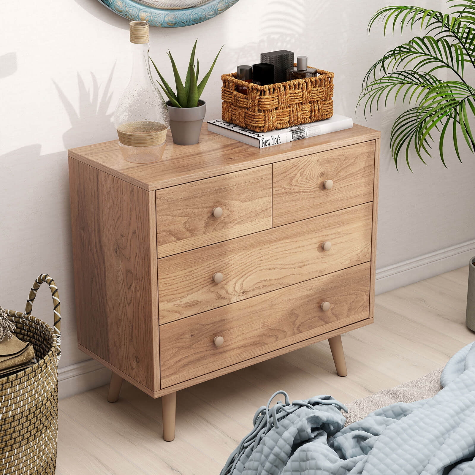 Costway 4 Drawer Dresser for Bedroom Wide Chest of Drawers with Metal Guide Rails Natural