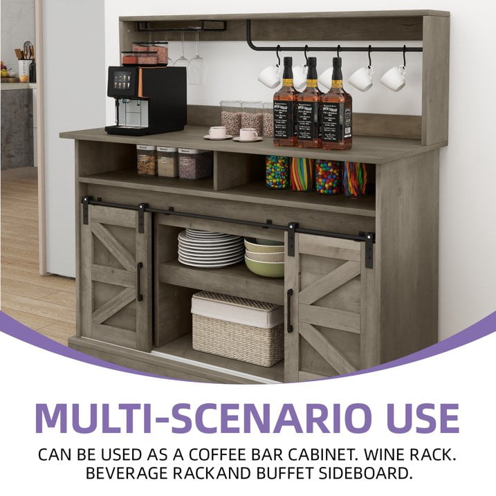 Uforic 52" Farmhouse Wine Cabinet, Sliding Barn Door Sideboard with Power Outlets & Goblet Holder (Gray)