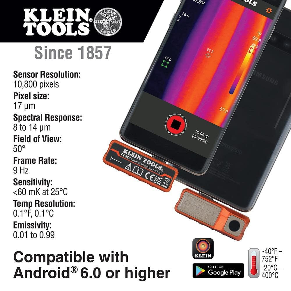 Klein Tools TI220 Thermal Imager for Android Devices, Thermal Imaging Camera, 10,800 Pixels, Three Color Palettes, High/Low Temperatures