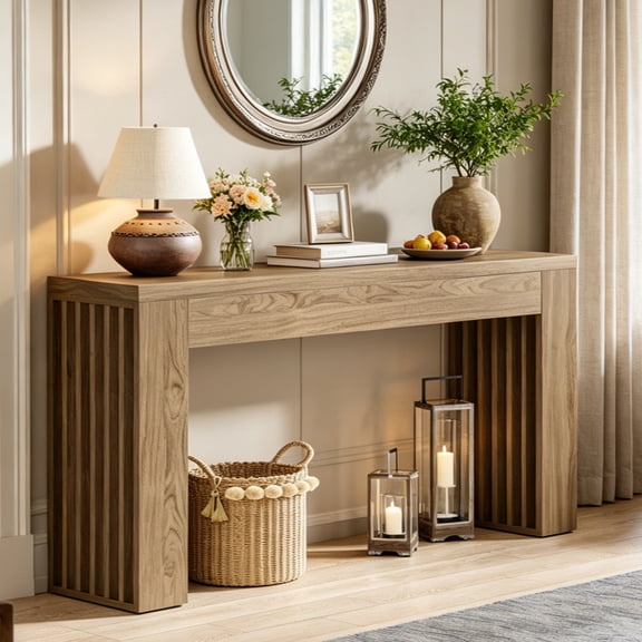 Fnova 59" Console Table, Modern Wooden Farmhouse Entryway Table, Long Narrow Sofa Table with Vertical Slat Legs, Easy Assembly for Entrance, Hallway, Living Room