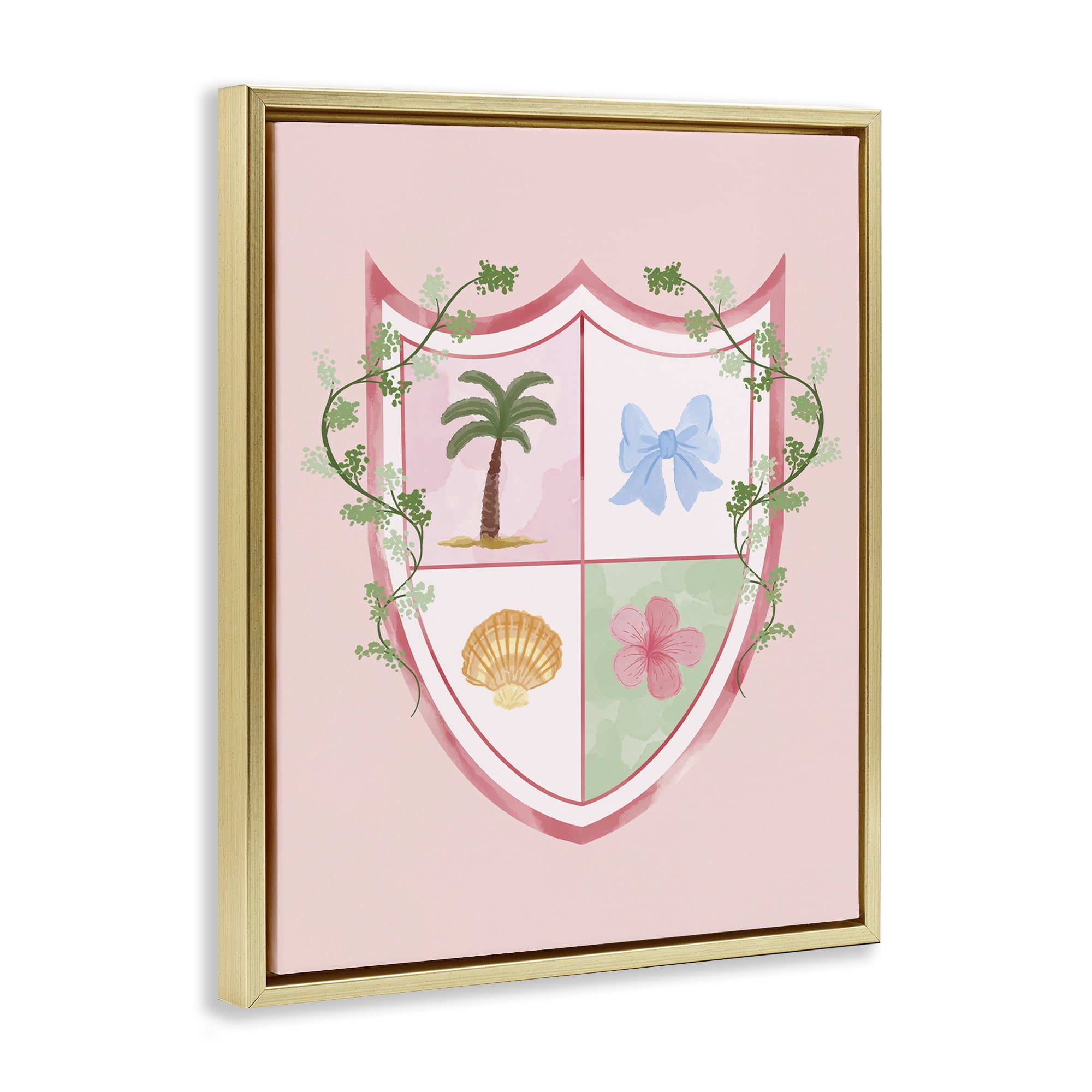 Stupell Industries Nautical Glam Emblem Plants & Flowers Painting Gold Floater Framed Canvas Art Print Wall Art, 17 x 21