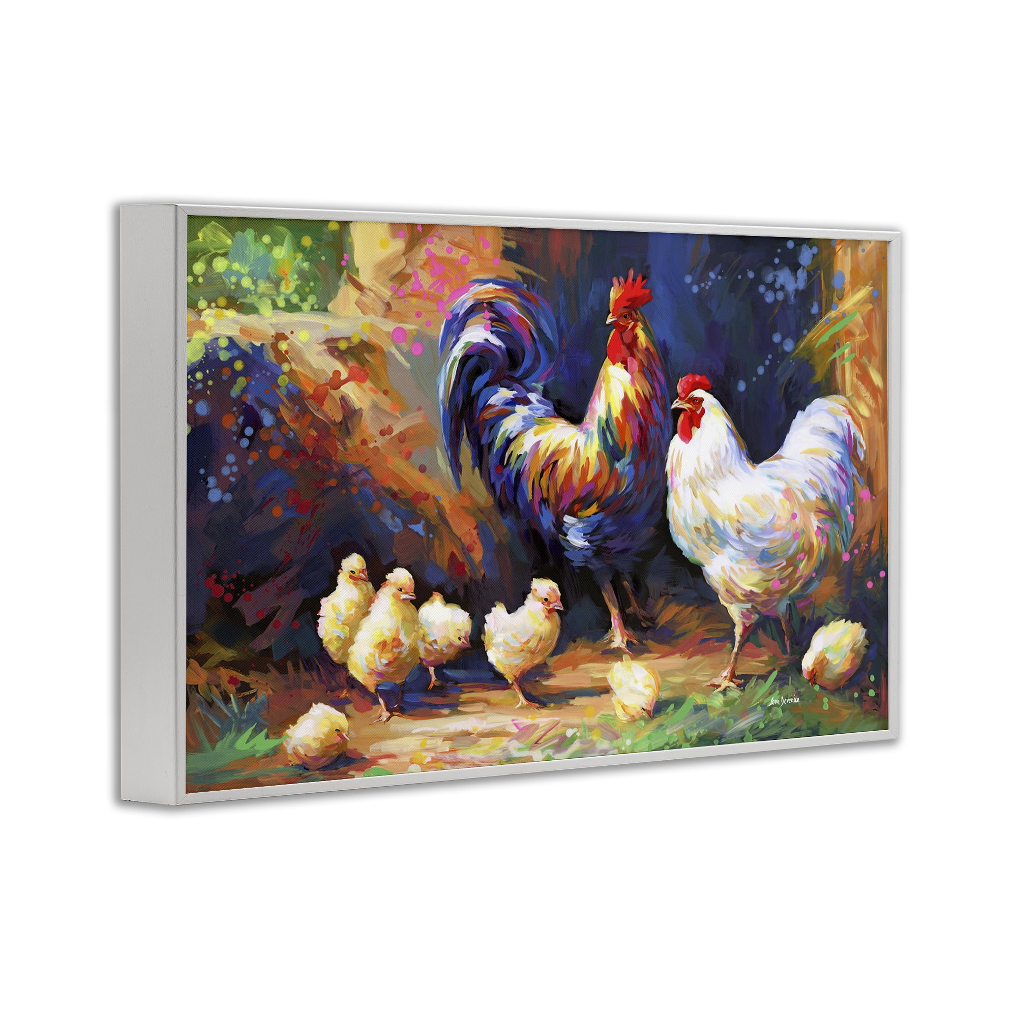 Stupell Industries Chicken Family Paint Splatter Animals & Insects Painting White Framed Art Print Wall Art, 30 x 20