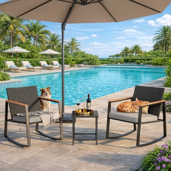 3-Piece Rocking Patio Bistro Set with Anti-Scald Armrest – Outdoor Wicker Furniture Set including Glass Coffee Table & Removable Cushions for Garden, Porch, Backyard, Grey