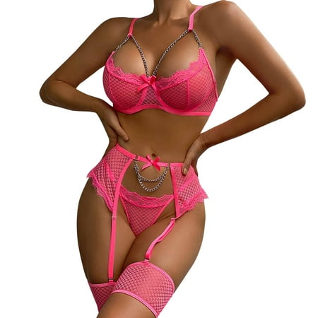 

crtigd Women S Sexy Lingerie Mesh Stitching Eyelashes Lace Hanging Chain Butterfly Four Piece Set Underwire Lingerie