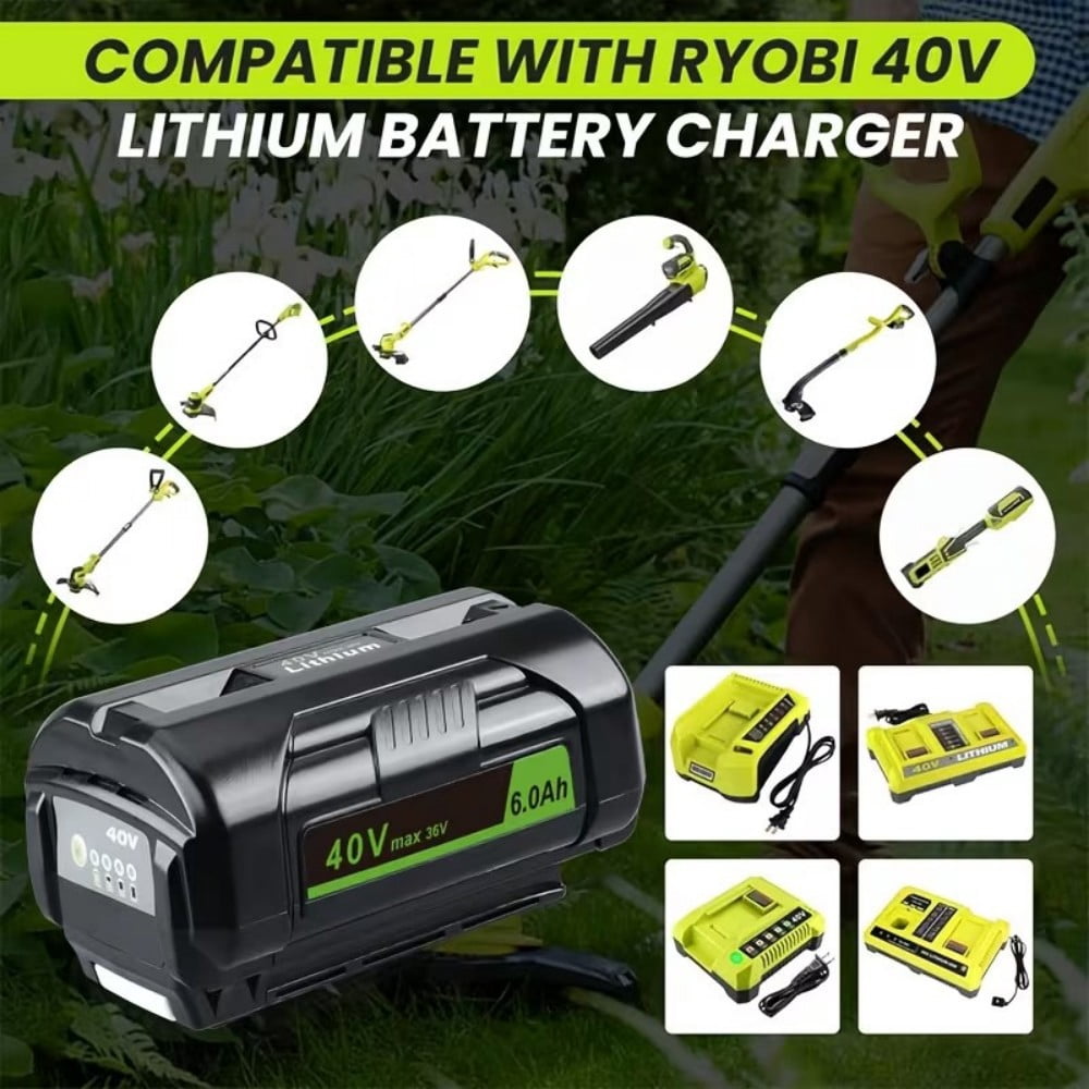 2-Pack 6.0Ah Replacement for Ryobi 40V Battery Compatible with Ryobi 40 Volt Lithium Battery OP4050 OP4060 OP4040 OP4020