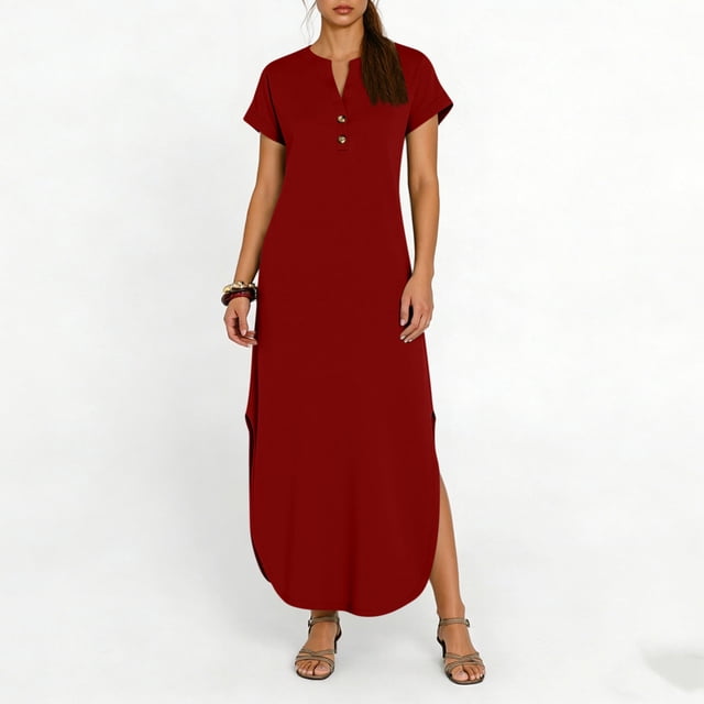 TaTaai Women's Casual Solid Color V-Neck Short Sleeve Maxi Dress with Button Detail and Side Pockets Fashion Simple Style Soft Comfortable Stretchy Dress for Spring Summer Gift