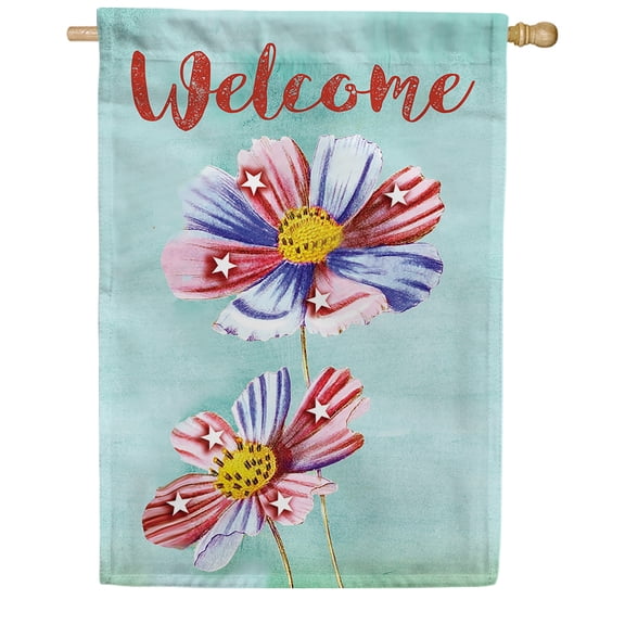 America Forever 4th of July Patriotic Floral Welcome House Flag 28 x 40 inch Red White Blue Flower Stars Stripes Independence Day Memorial Day Double Sided Yard Outdoor Decoration