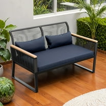ModFusion Outdoor Indoor Modern All-Weather Wicker Patio Loveseat, Rattan Conversation Sofa with Stylish Wood Armrests & Navy Blue Cushion for Backyard, Balcony, and Deck