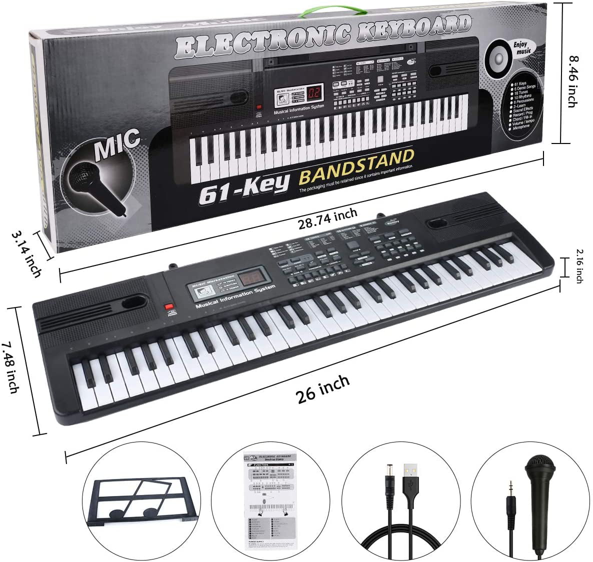 61 Key Portable Keyboard with Built- In Speaker Power Supply Teaching Toy Gift for Kids Boy Girl BAIDREN Keyboard Piano Microphone Piano Stand 